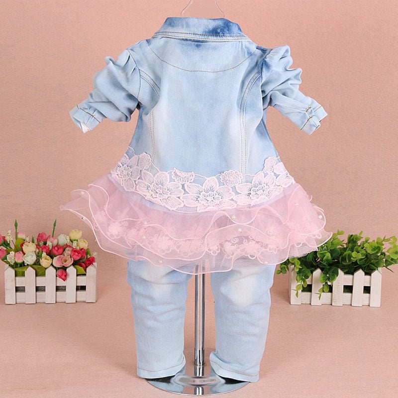 Yao Little Girls Denim Clothing Sets 3 Pieces Sets T Shirt Denim Jacket and Jeans(Pink,4-5Years) - Image 2
